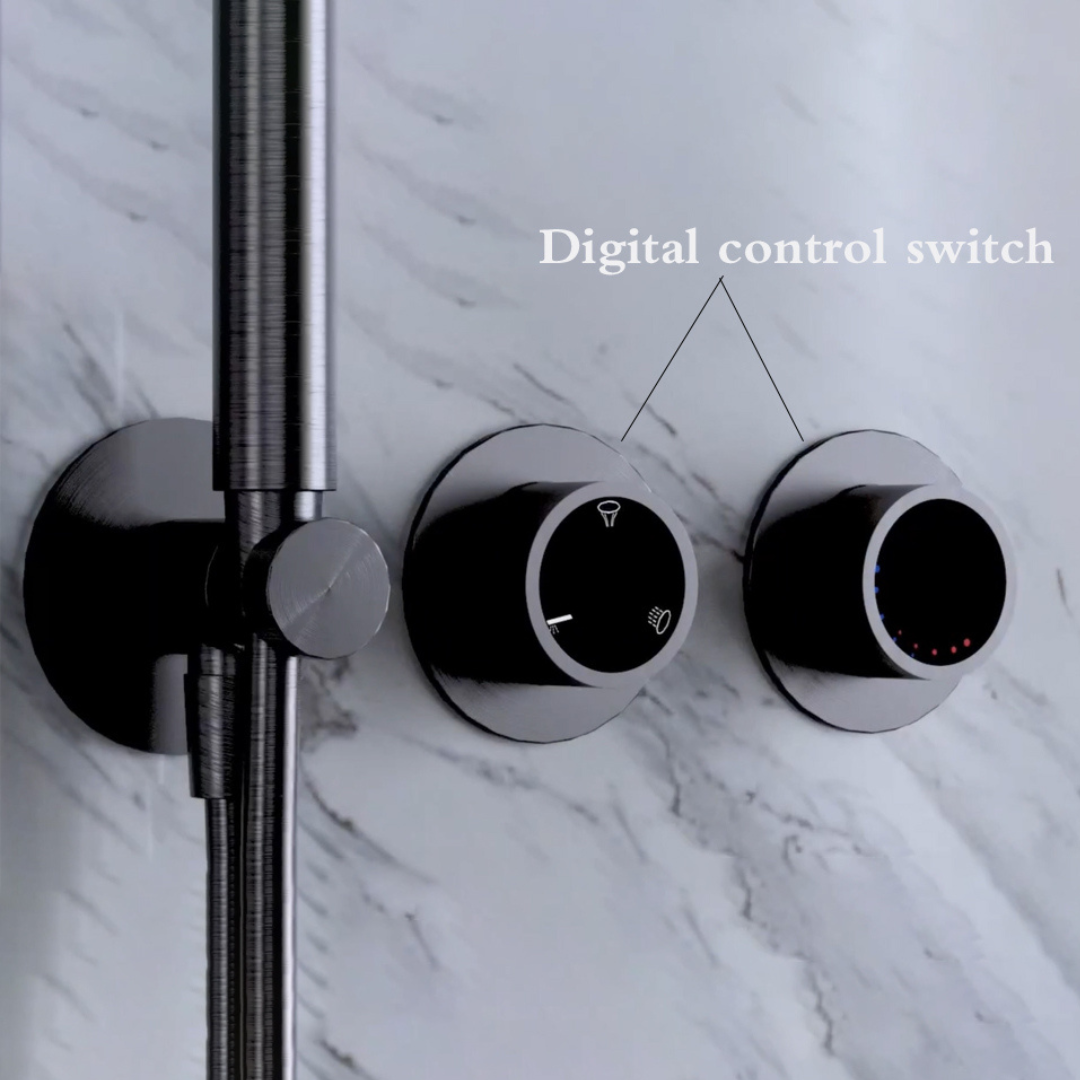 Thermostatische Inbouw Regendoucheset – Marino – Waterval & Staafhanddouche - Digitale Regeling – Gunmetal Grey