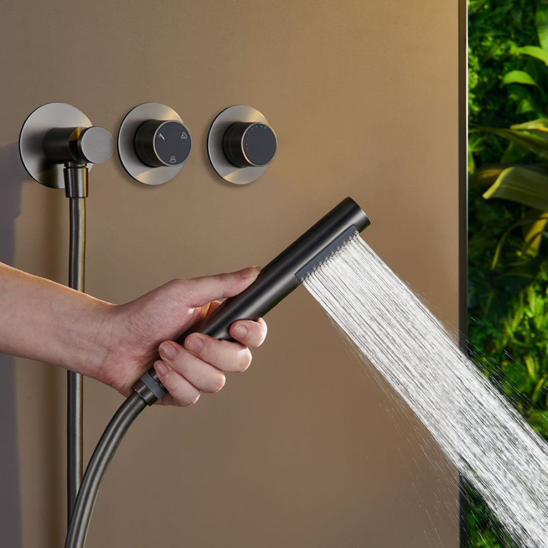 Thermostatische Inbouw Regendoucheset – Marino – Waterval & Staafhanddouche - Digitale Regeling – Gunmetal Grey