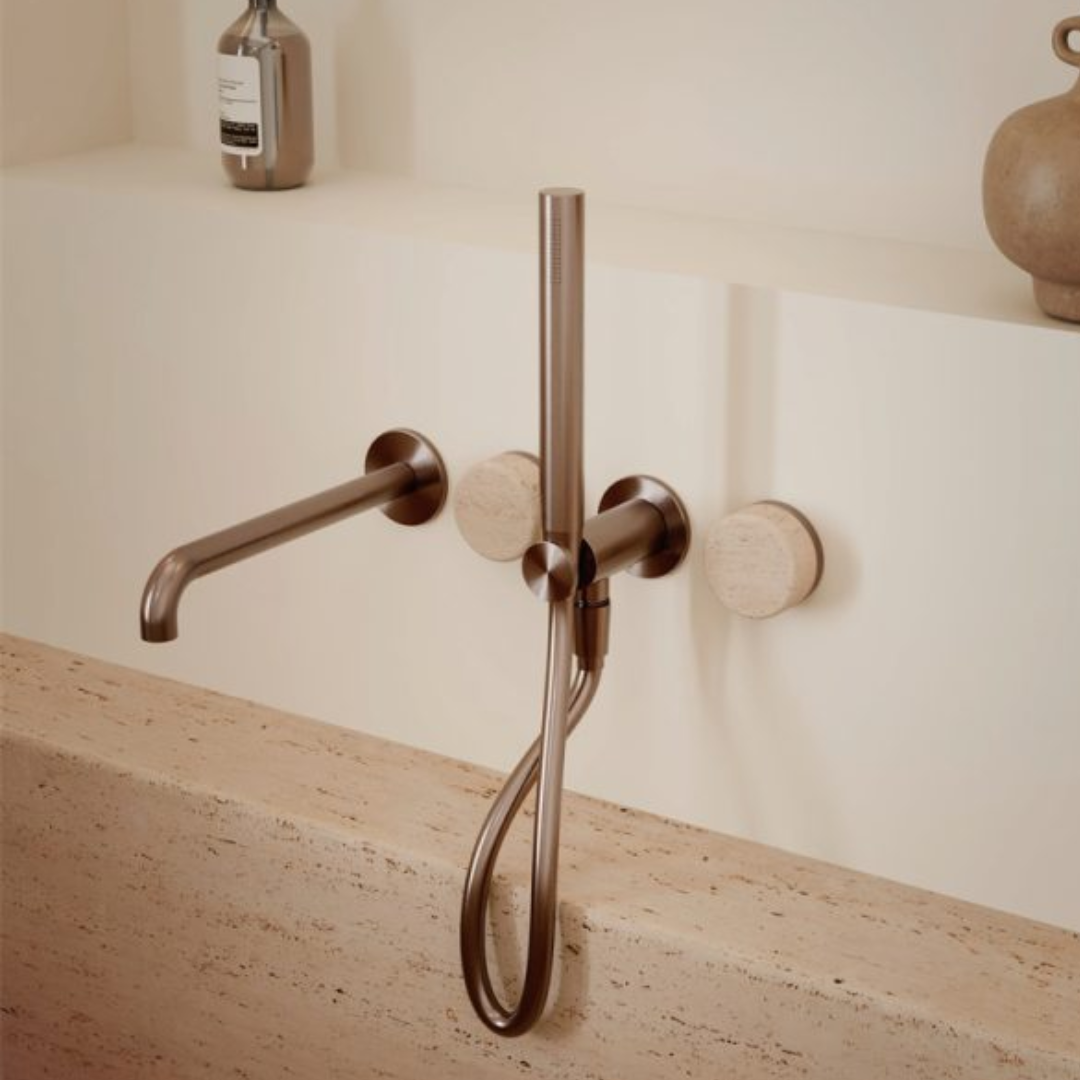 Inbouw badmengkraan Sorrento - Rome Travertine - Staafhanddouche en uitloop - Zonder achterplaat - Brushed bronze