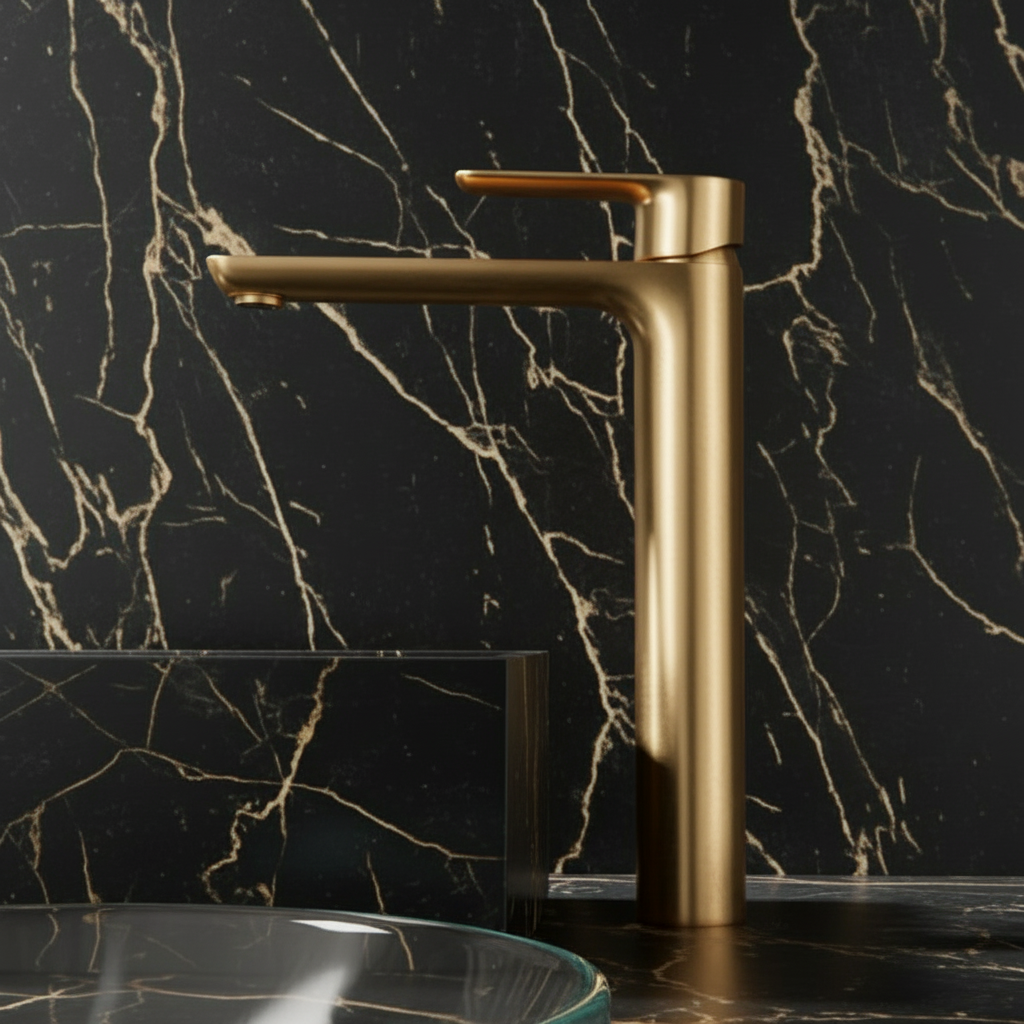 Hoge wastafelkraan  – Silvio – Geborsteld goud - 31,5 × 19 × 4,5 cm