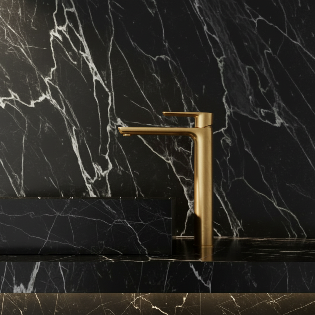 Hoge wastafelkraan  – Silvio – Geborsteld goud - 31,5 × 19 × 4,5 cm