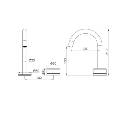 Inbouw Wastafelkraan Sorrento – Verde Alpi - 2-Gats - Gebogen (arc) uitloop - Brushed nickel