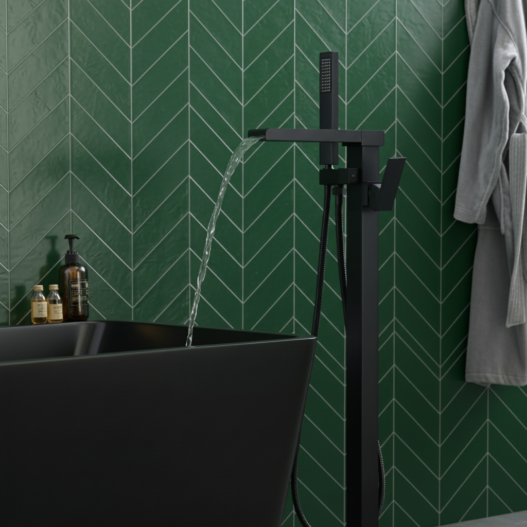 Vrijstaande Badkraan Lisandro – Watervaluitloop – Mat zwart - 87 × 22 × 15 cm