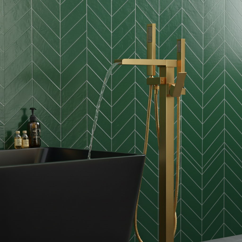 Vrijstaande Badkraan Lisandro – Watervaluitloop – Geborsteld goud - 87 × 22 × 15 cm