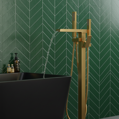 Vrijstaande Badkraan Lisandro – Watervaluitloop – Geborsteld goud - 87 × 22 × 15 cm