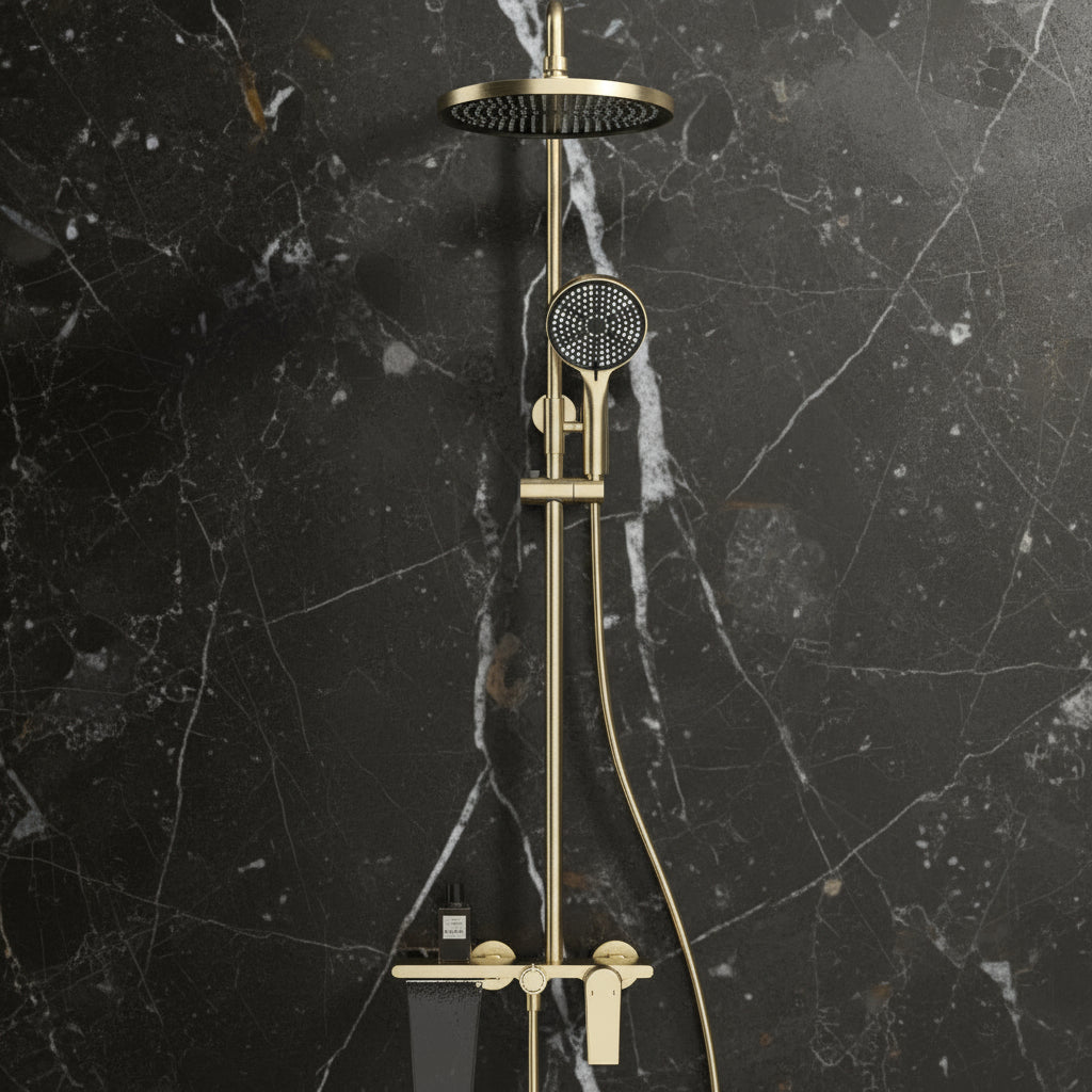 Opbouw regendoucheset Cynthia - Geborsteld goud - 130 × 35 × 25 cm