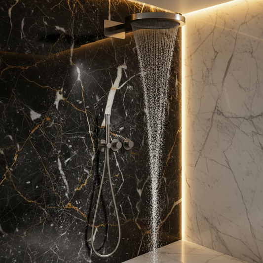 Thermostatische Inbouw Regendoucheset Marino – Digitale display - Waterval & Staafhanddouche – Chroom