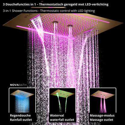 5-in-1 Thermostatische Inbouw Regendoucheset Valerie – Bluetooth & Speakers – LED Verlichting – Massagejets - Brushed gold