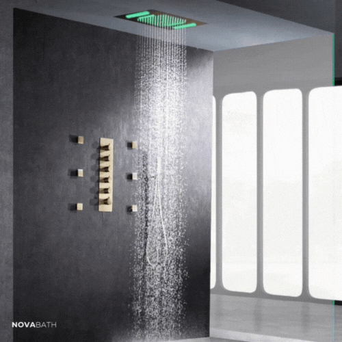 5-in-1 Thermostatische Inbouw Regendoucheset Julia – Bluetooth & Speakers – LED Verlichting – Massagejets - Geborsteld goud