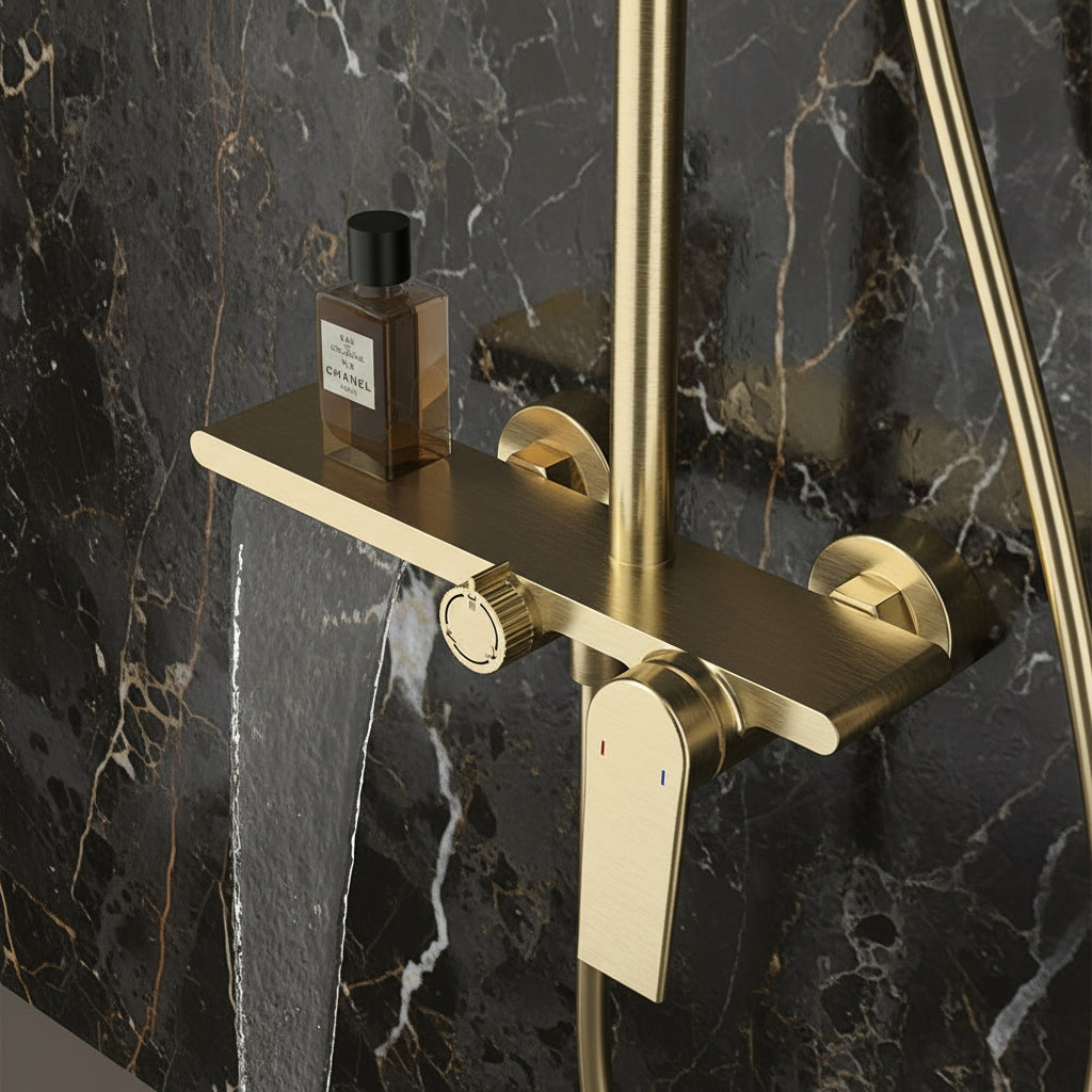 Opbouw regendoucheset Cynthia - Geborsteld goud - 130 × 35 × 25 cm