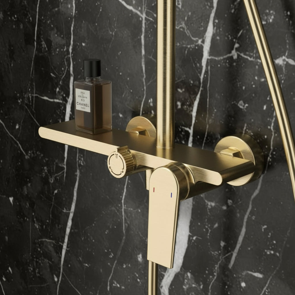 Opbouw regendoucheset Cynthia - Geborsteld goud - 130 × 35 × 25 cm